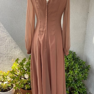 Vintage 1970s maxi sheer chiffon dress soft brown and cream with bodice beaded embellishment 8 Sm Emma Domb California image 2