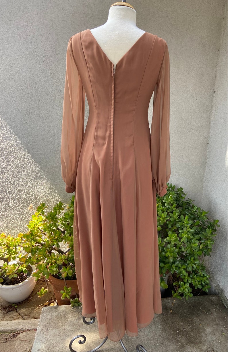 Vintage 1970s maxi sheer chiffon dress soft brown and cream with bodice beaded embellishment 8 Sm Emma Domb California image 2