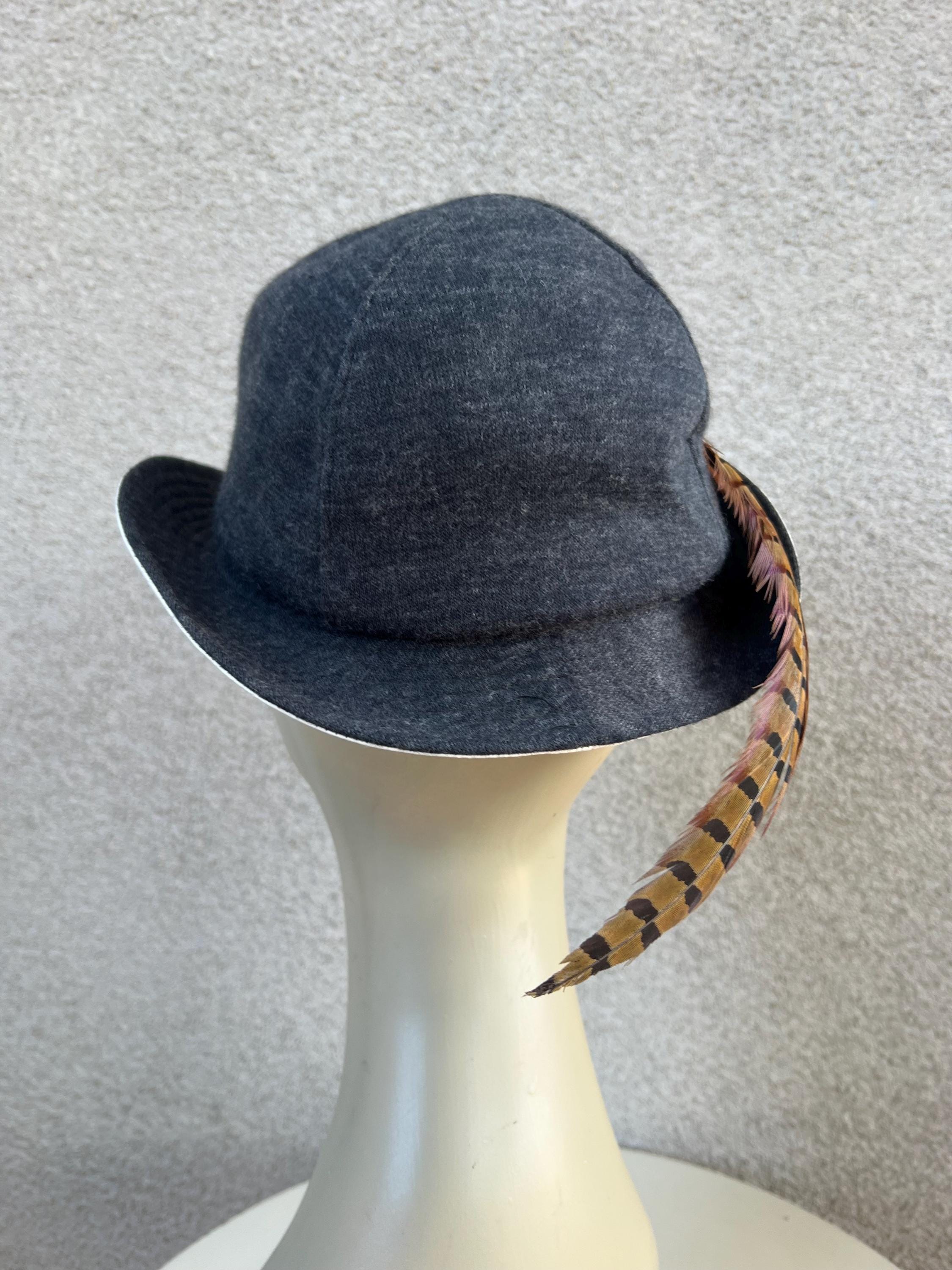 Vintage brim grey cream hat with long feather cotton Styled by Coralie sz 22. Vintage Brim Grey Cream Hat With Long Feather Cotton Styled  main image 4