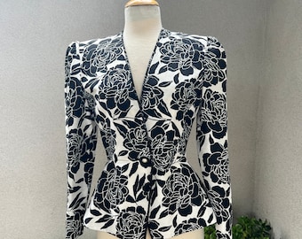 Vintage jaren '80 zijden peplum jasje zwart witte bloemenkralen Sz 6 Nolan Miller