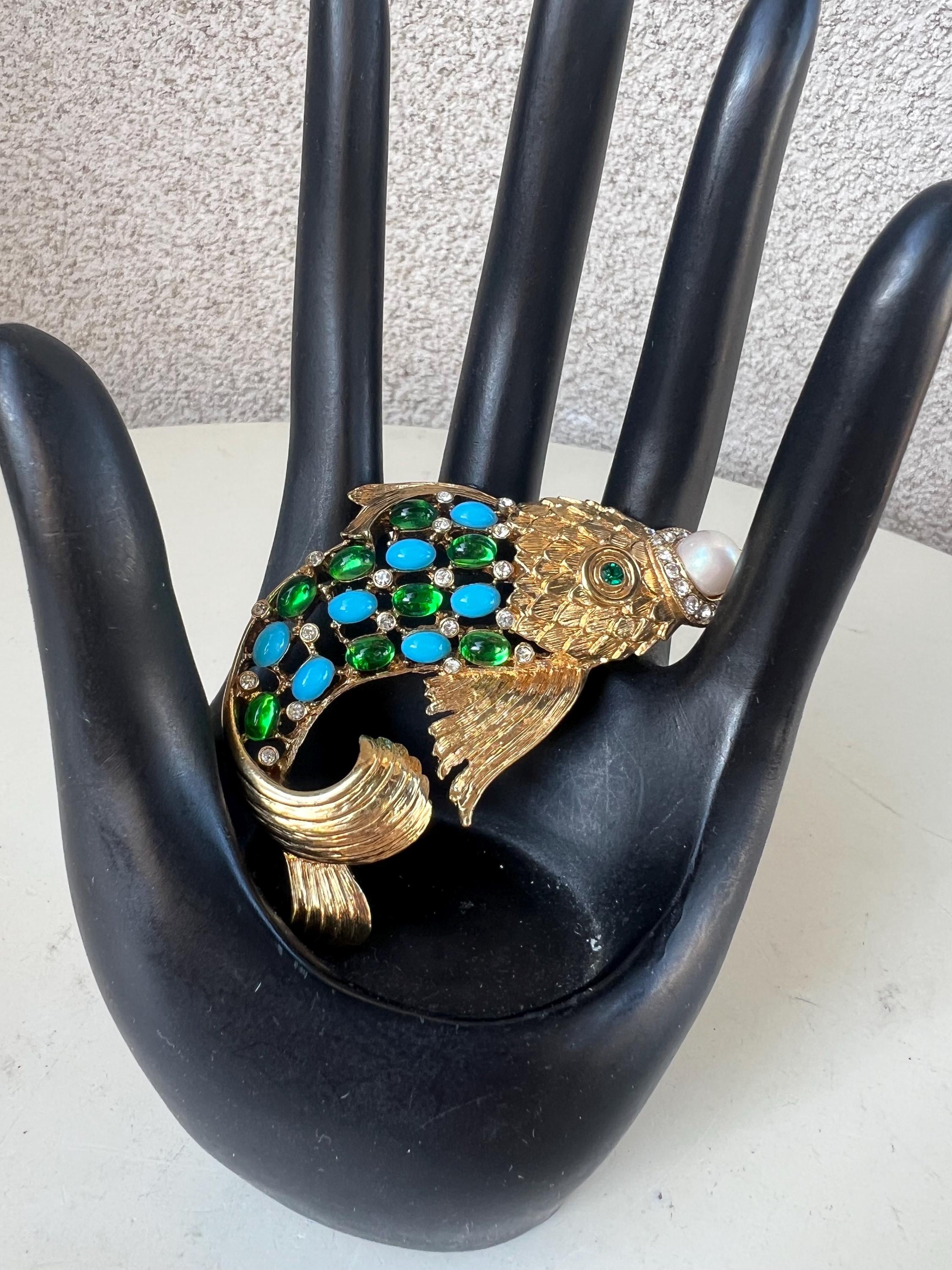 Glam Fish Vintage Glam Koi Fish Pendant Gold Tone With Green Blue Stones ...