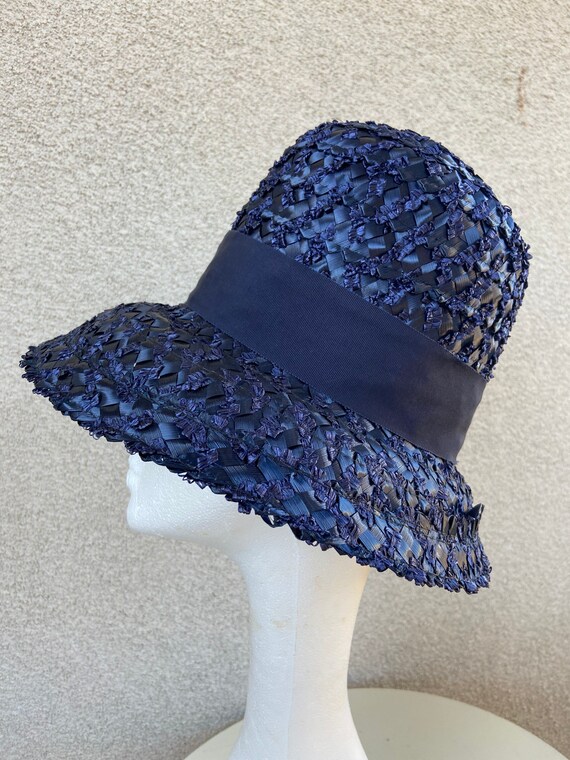 Vintage 70s boater brim navy blue straw cello hat… - image 4