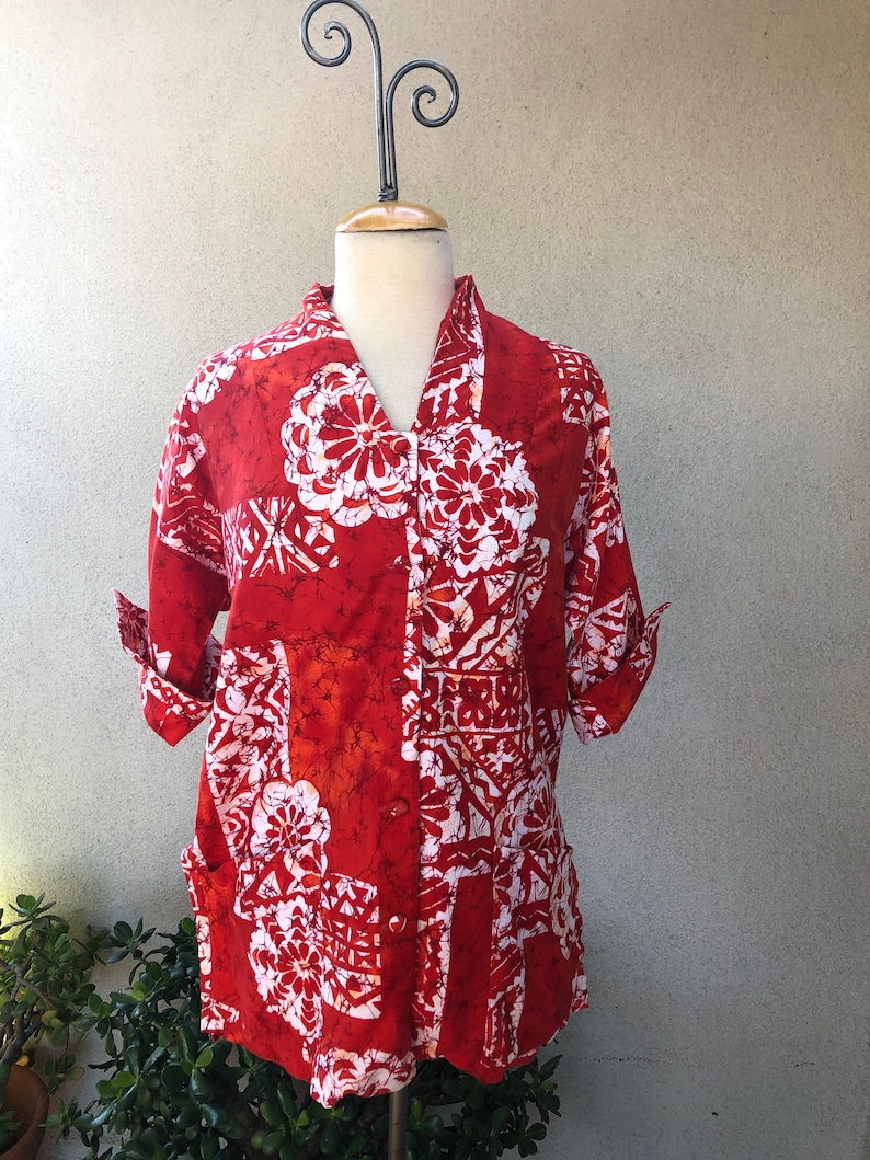 Vintage Hawaiian red white orange floral top tunic sz SM Paradise Hawaii