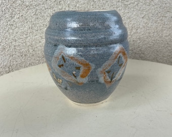 Vintage small studio art pottery round vase light blue with browns geometric design signed size 5.5”
