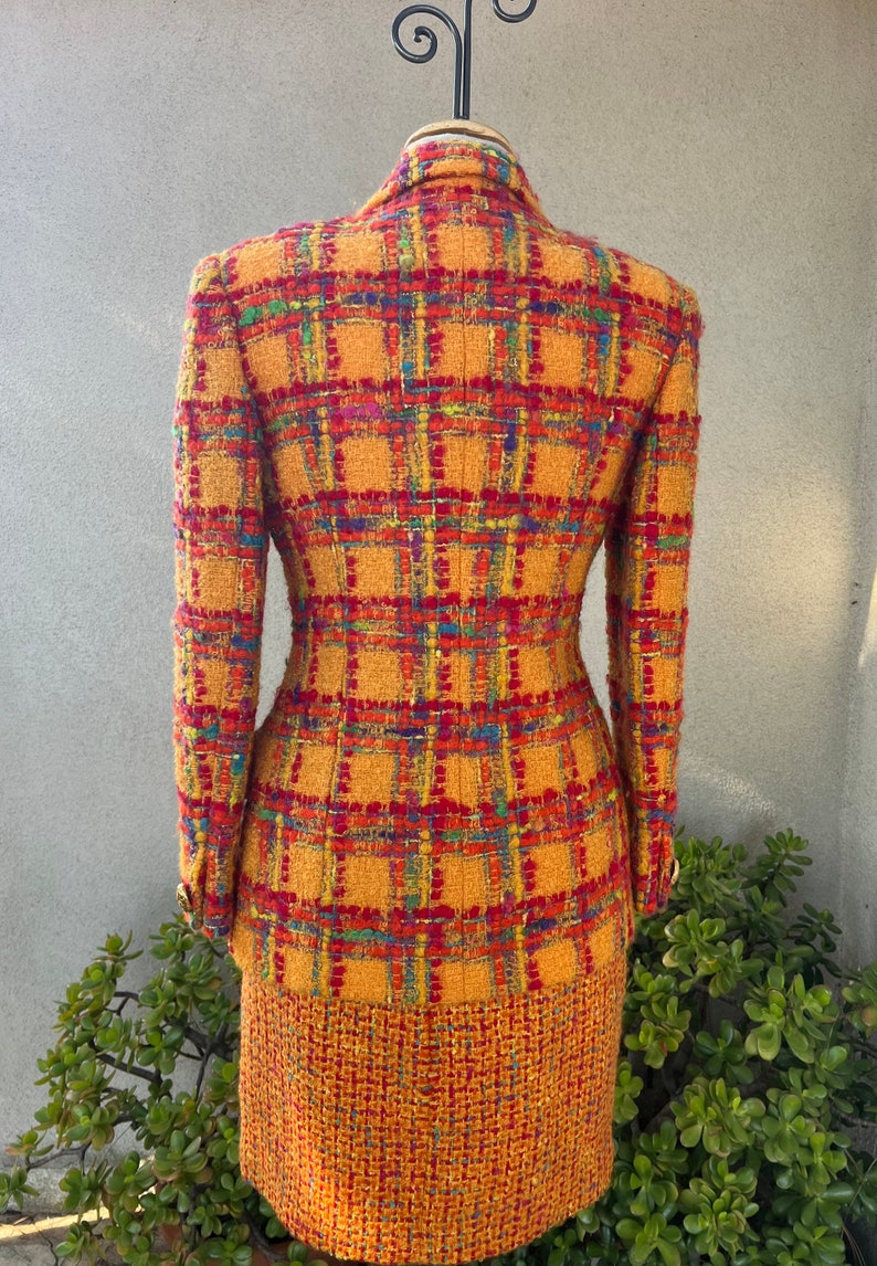 Vintage 80s suit skirt & blazer by Anne Klein orange red plaid tweed knobby mohair wool size 6 image 2