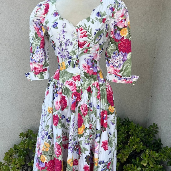 Vintage 80s boho cotton colorful white floral dress Sz 8 Small by Expo