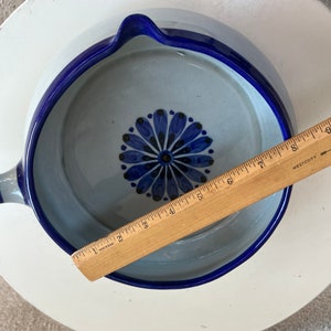 Vintage Ken Edwards large pottery soup bowl with handle blue flower accents size 8.5 x 3.5 image 6