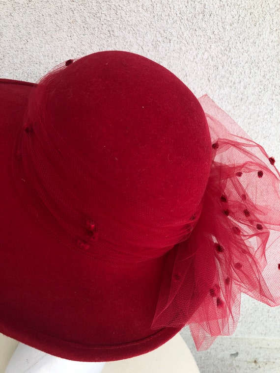 Vintage formal hat brim boater red wool felt with… - image 4