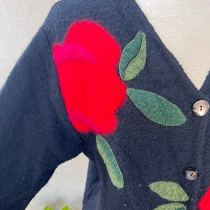 Vintage Susan Bristol boho wool cardigan black with red flowers Sz S image 3