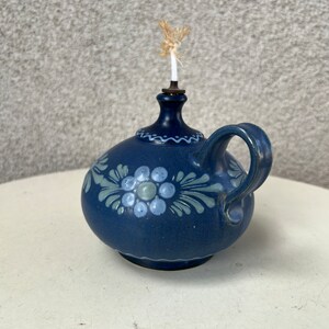Vintage cottage chic blue green floral Mini pottery oil lamp signed image 2