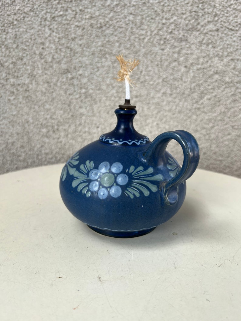 Vintage cottage chic blue green floral Mini pottery oil lamp signed image 2
