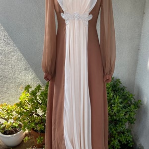 Vintage 1970s maxi sheer chiffon dress soft brown and cream with bodice beaded embellishment 8 Sm Emma Domb California image 7