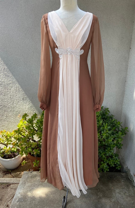 Vintage 1970s maxi sheer chiffon dress soft brown… - image 7