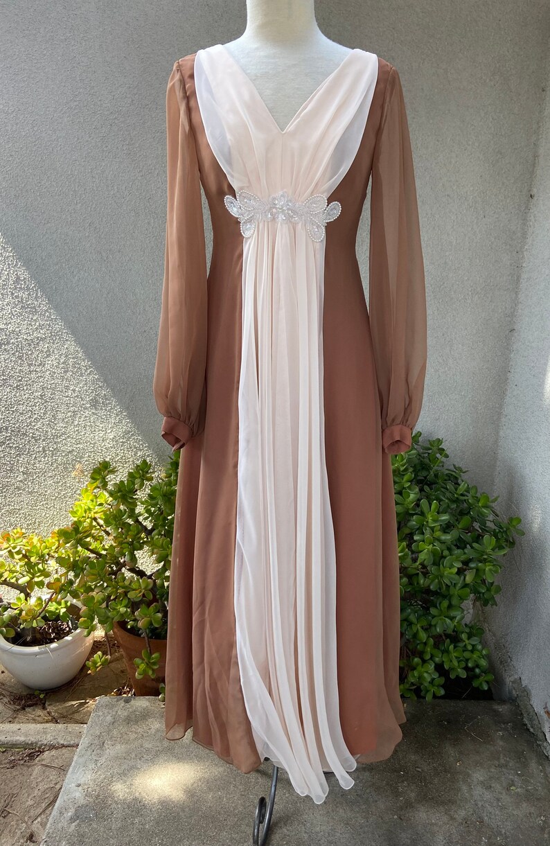 Vintage 1970s maxi sheer chiffon dress soft brown and cream with bodice beaded embellishment 8 Sm Emma Domb California image 7