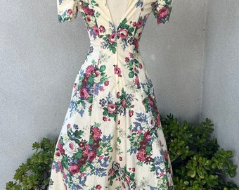 Vintage 80s Boho Colorful Cotton Cream Floral Dress With