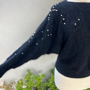 Vintage glam black angora wool pullover textured sweater with pearls embellishments S/M by Jessica California image 7