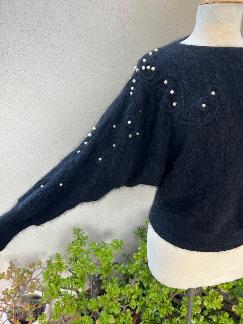 Vintage glam black angora wool pullover textured sweater with pearls embellishments S/M by Jessica California image 7