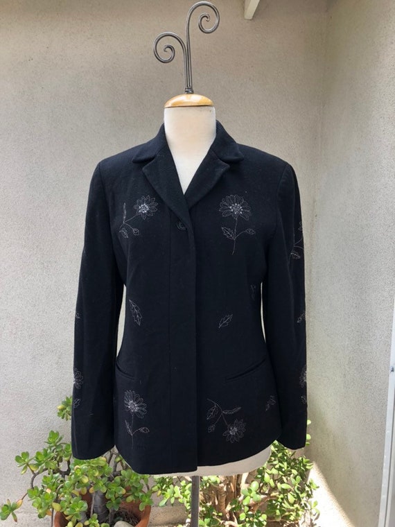 Vintage black wool cashmere jacket floral Embroide