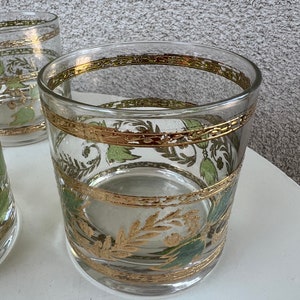 Vintage MCM Culver rock tumbler glasses set 6 grapevine leaves green & blue gold rims barware image 7