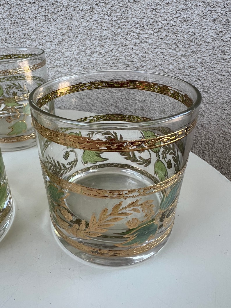Vintage MCM Culver rock tumbler glasses set 6 grapevine leaves green & blue gold rims barware image 7