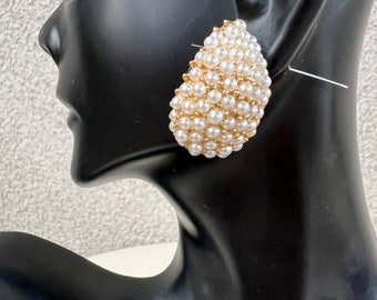 Vintage Marvella clip on earrings tiny faux white pearls cluster on golden tones setting