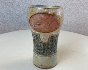 Vintage MCM UCTCI brown taupe blue pottery tumbler mug 3D girl’s face 10 oz  5” x 2.5”