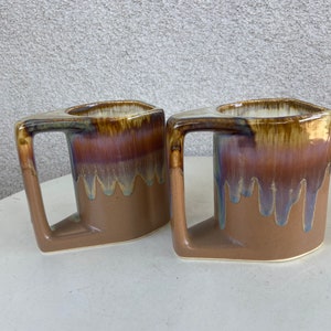 Vintage coffee mugs set 2 browns blue purple drip pottery with 3D shell theme by Padilla Mexico image 6