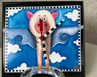 Vintage 80s small square kitschy wall clock Flying pig theme by Allen