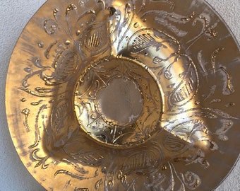 Vintage MCM 1960s Hollywood Regency modern Gilt gold crackle glass divided 15” platter  Dorothy Thorpe designs