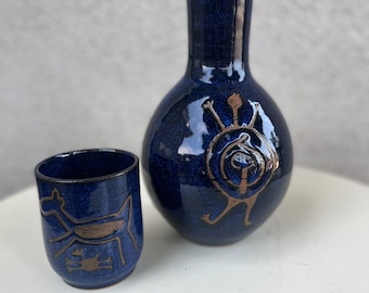 Vintage cobalt blue brown pottery decanter with cup C. Serra Da Capivava Made in Brazil