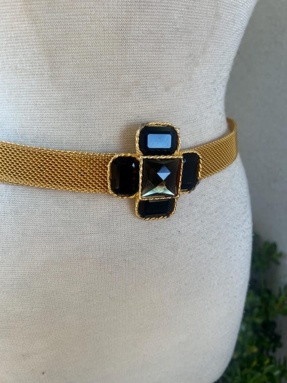 Vintage glam belt golden mesh with cross amber tone gemstones buckle fits 27-31” Vintage Glam Belt Golden Mesh With Cross Amber Tone  main image 2