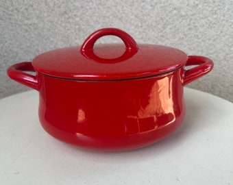 Vintage Dansk International cookware red round  casserole pot with lid size 7 1/4” x 3 3/4”