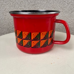 Vintage enamelware stock sauce small pot handle red