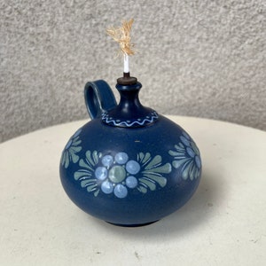 Vintage cottage chic blue green floral Mini pottery oil lamp signed image 7