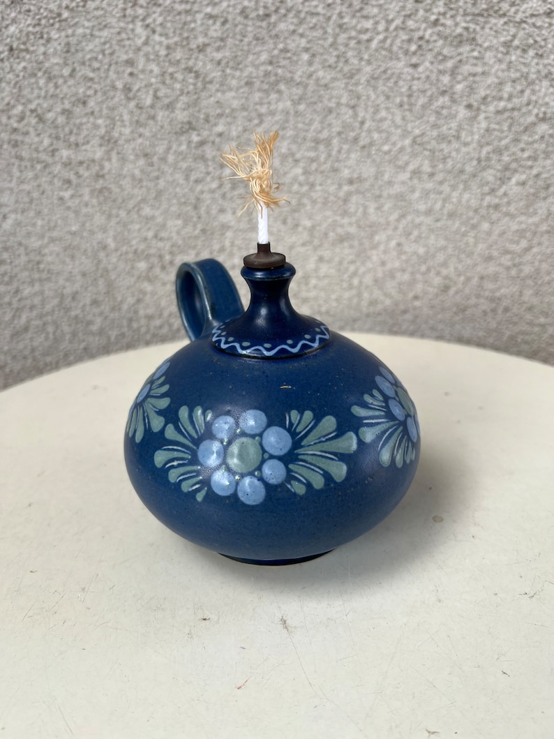 Vintage cottage chic blue green floral Mini pottery oil lamp signed image 7