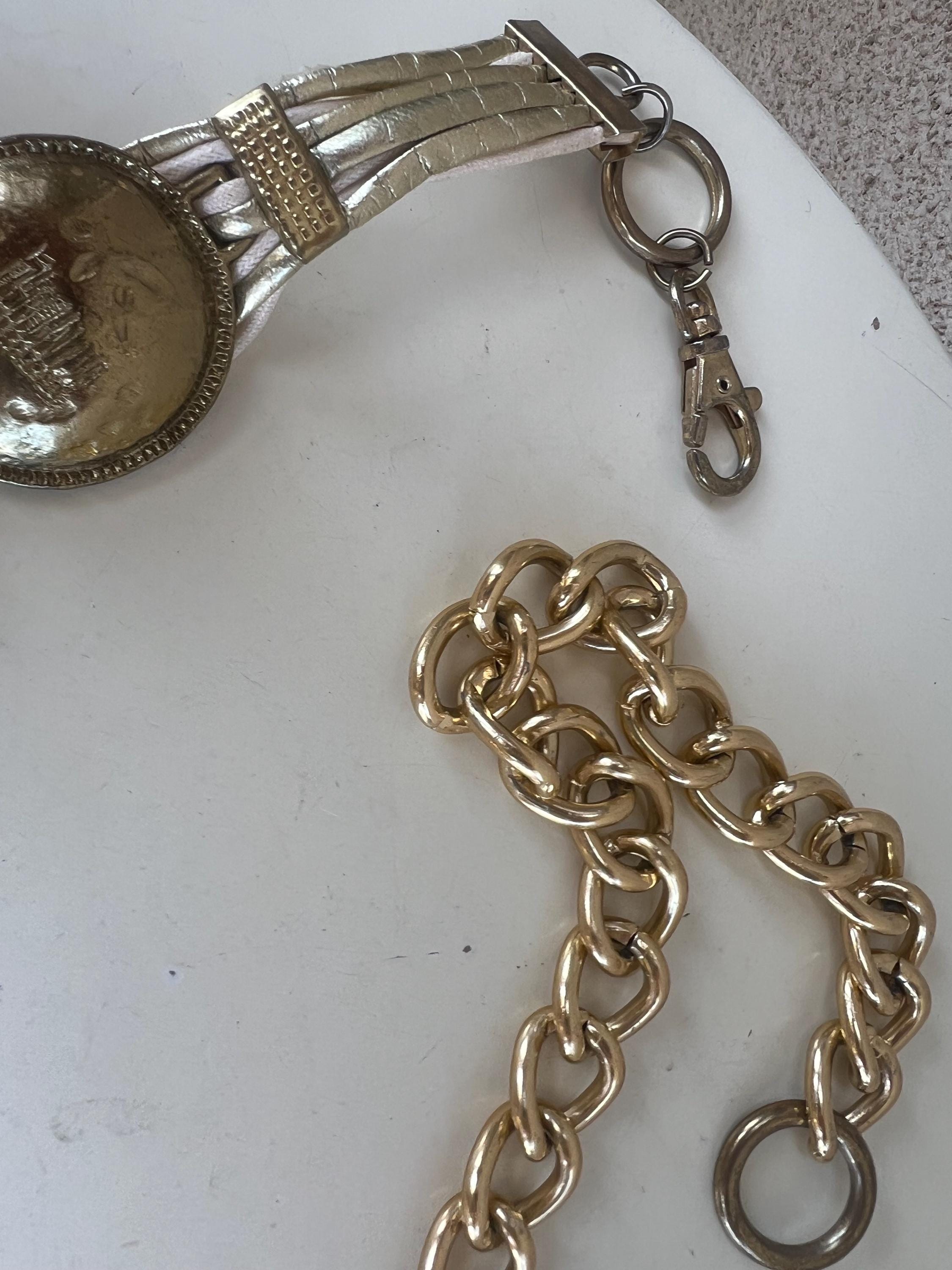 Vintage Boho 80s Belt Brass Discs With Metallic & White 