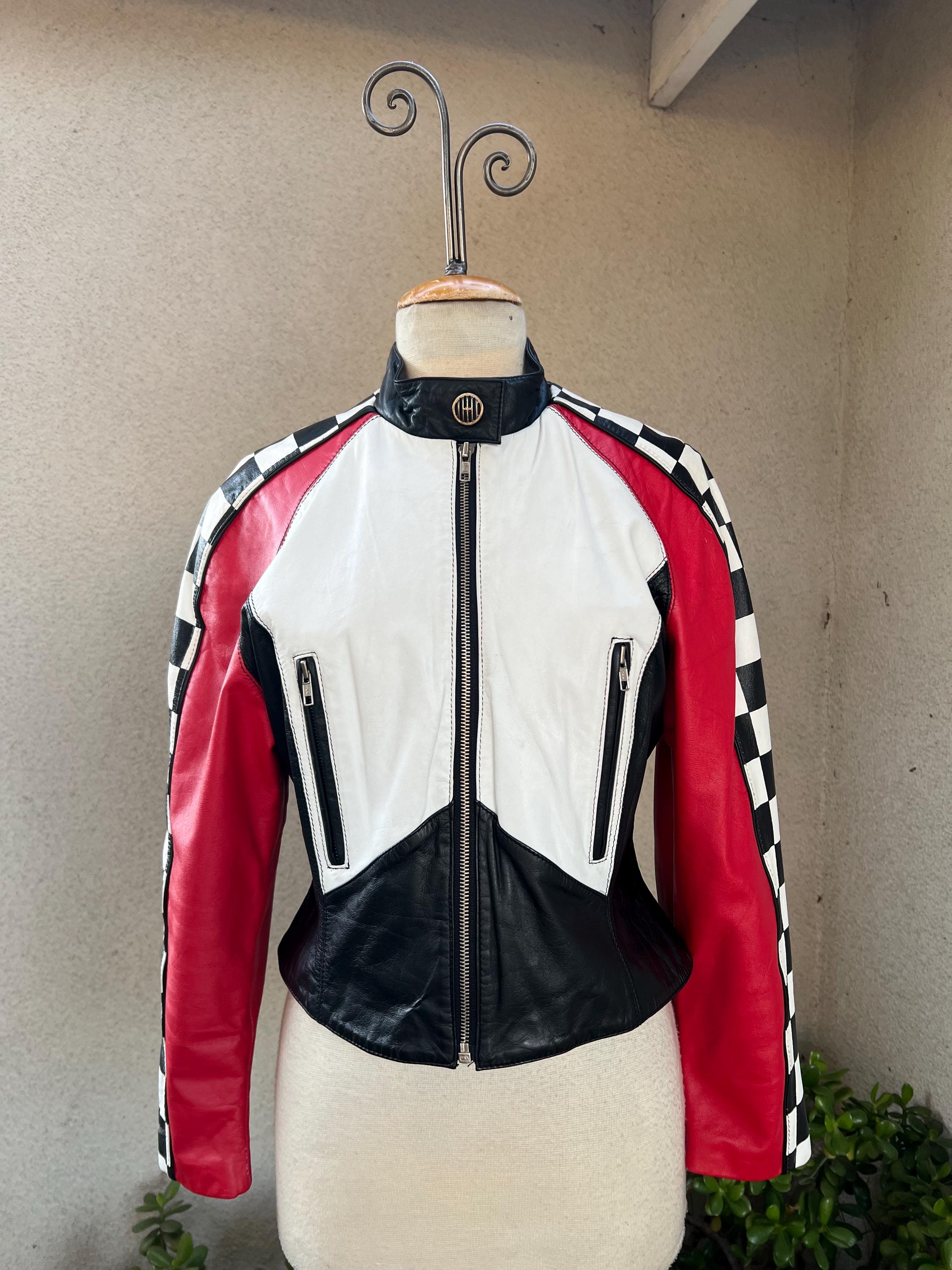 Vintage Leather Jacket Checkers Racing Theme Sz S by Split