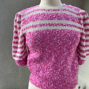 Vintage vibrate pinks stripe white handmade crochet knit top S/M image 3