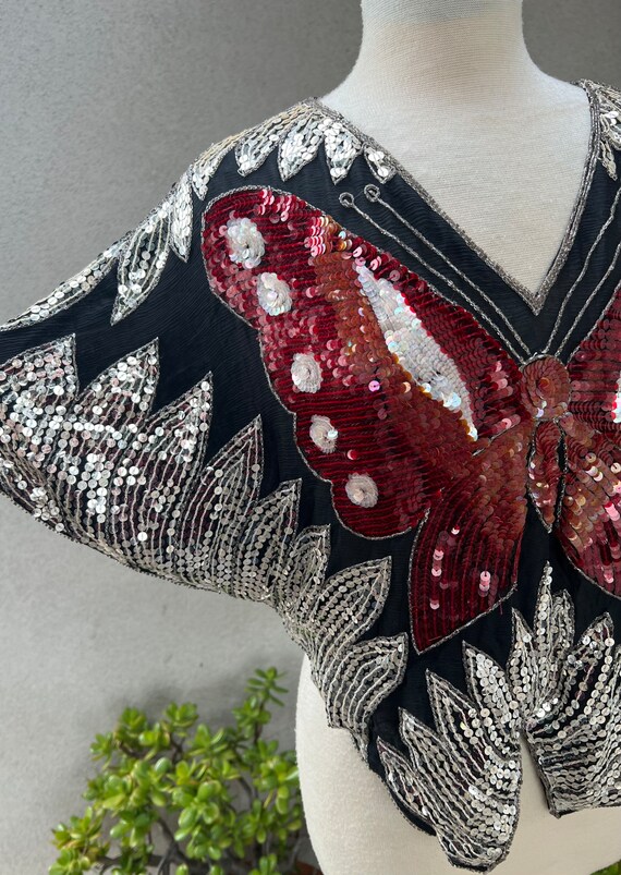 Vintage glam sequins butterfly top silver black r… - image 3
