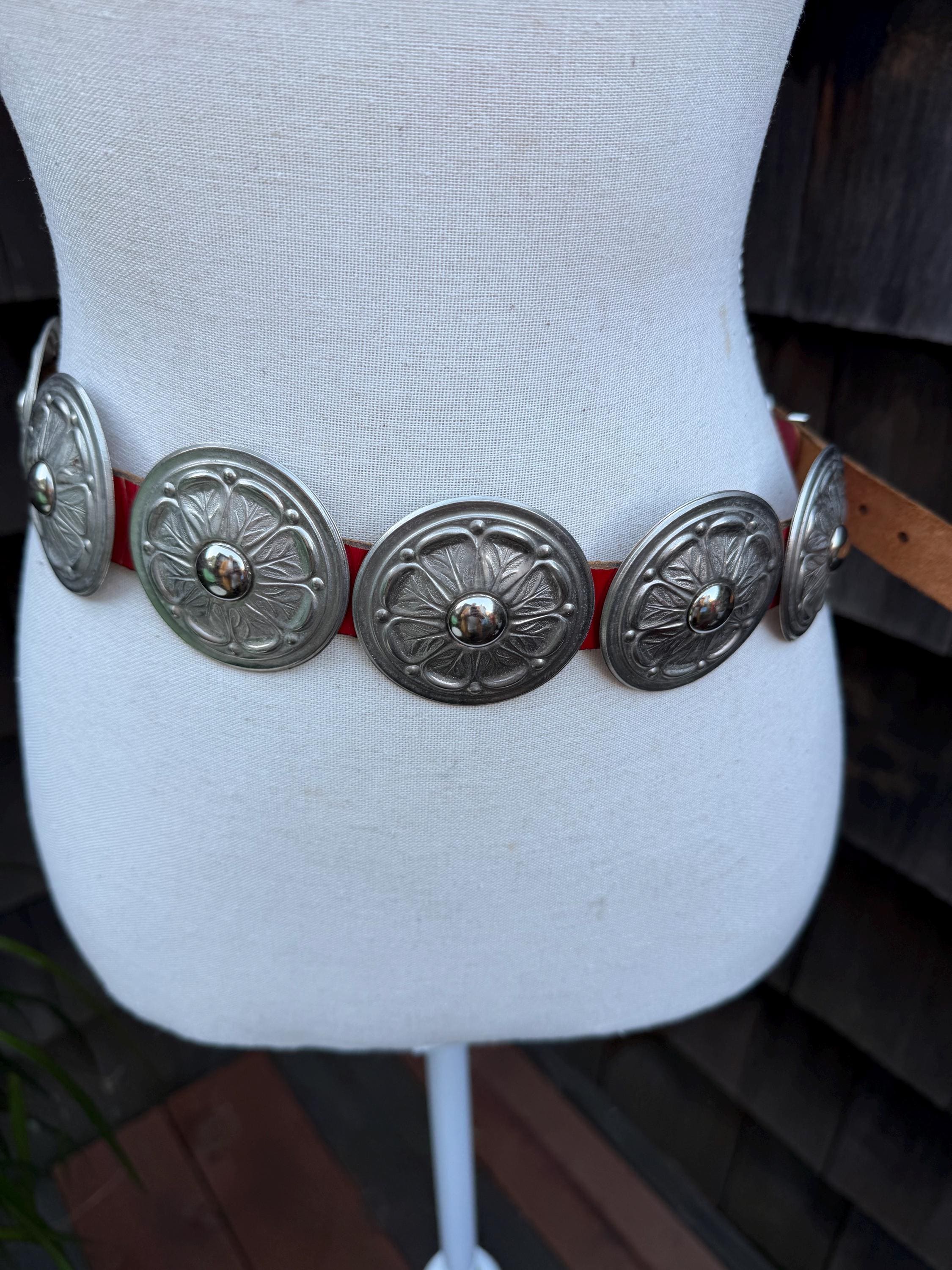 Vintage belt silver toned discs red beads black cords EUC Red Disc Belt - Etsy main image 4