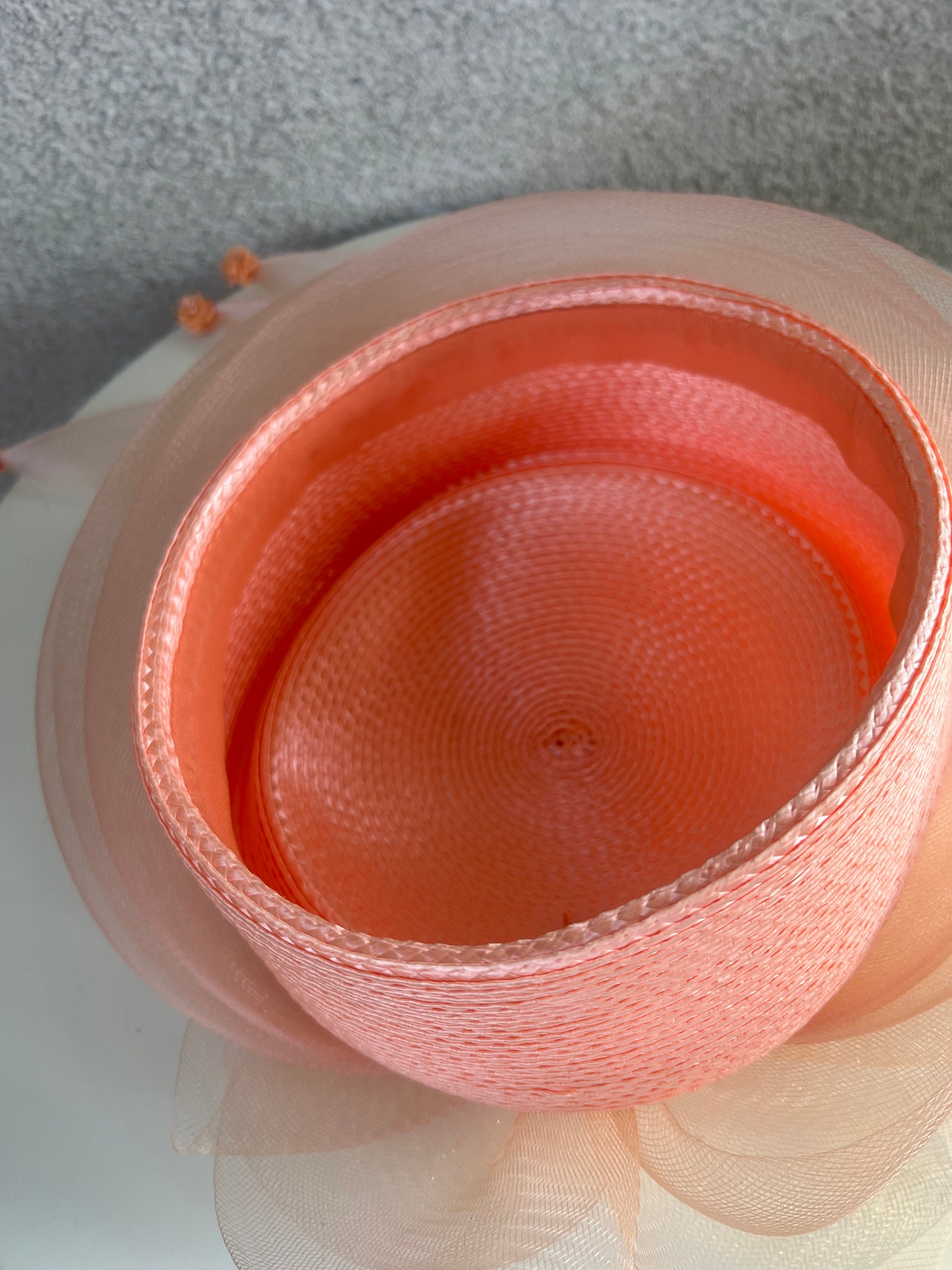 Vintage peach pillow hat netting floral Sz 21.5” 6 7/8 faux straw hat Angeline Alice Millinery | Pink vintage straw pillbox hat  main image 4