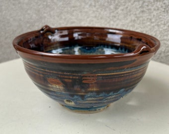 Vintage Studio art pottery small colander bowl blue brown signed