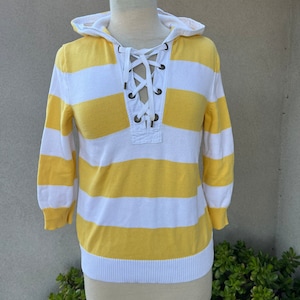 Vintage Ralph Lauren striped yellow white top lace up neckline hood sz S image 1