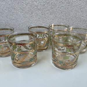 Vintage MCM Culver rock tumbler glasses set 6 grapevine leaves green & blue gold rims barware image 3