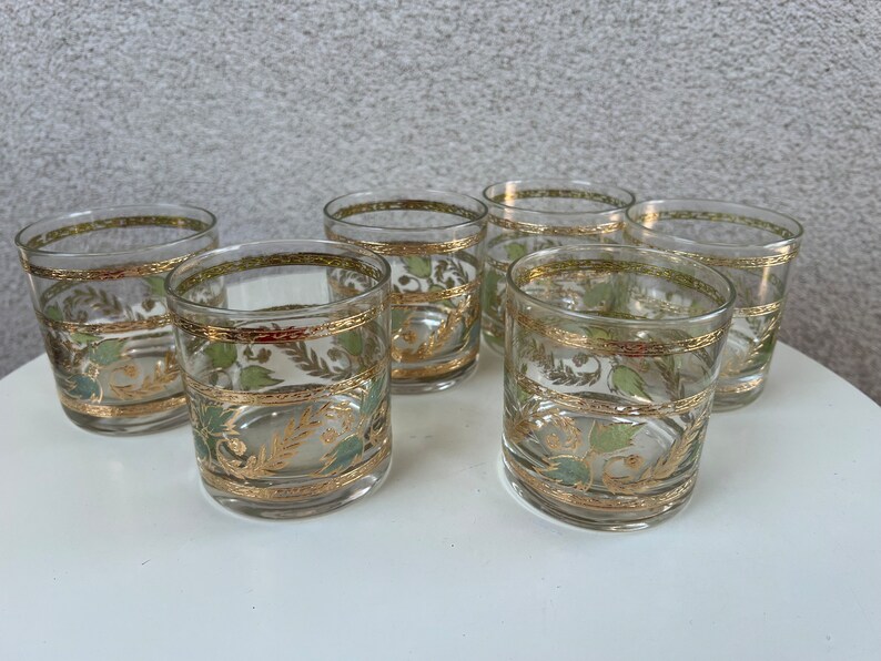 Vintage MCM Culver rock tumbler glasses set 6 grapevine leaves green & blue gold rims barware image 3