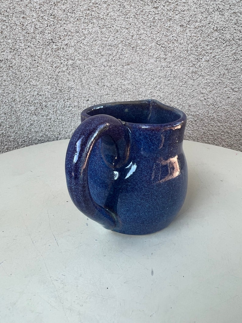 Vintage studio art pottery creamer pitcher heart shape glossy purple blue tones image 3