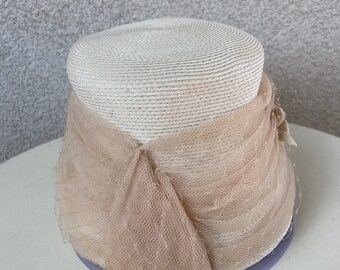 Vintage 1960s Straw Bucket Hat: Cream Woven Netting, Velvet  display picture 3