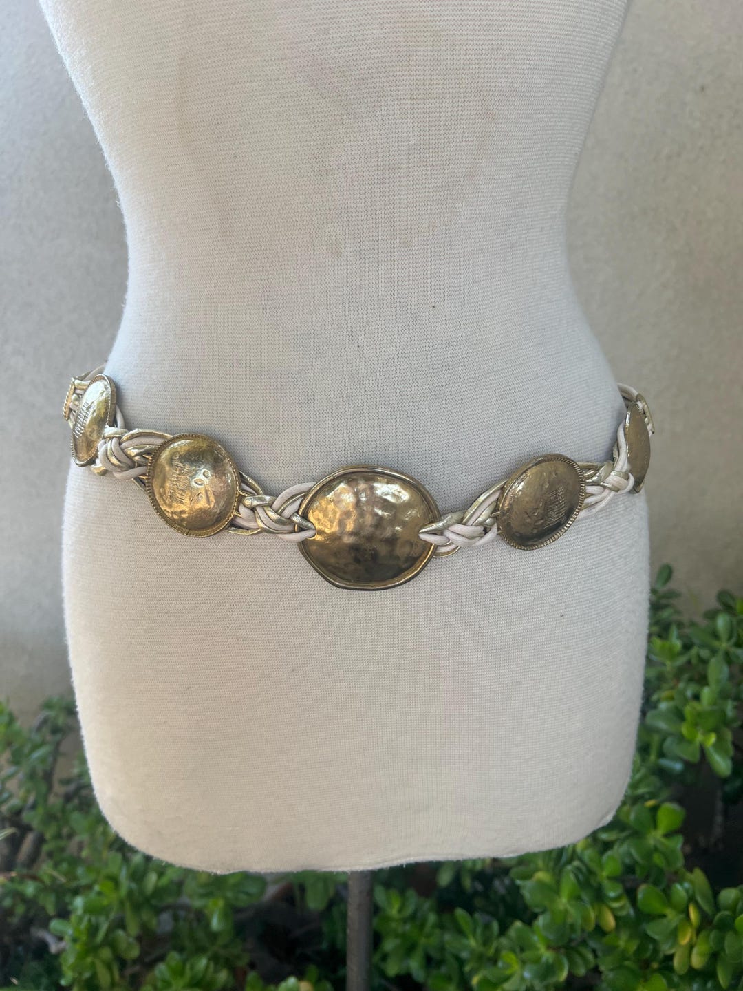 Vintage Boho 80s Belt Brass Discs With Metallic & White  display picture 1