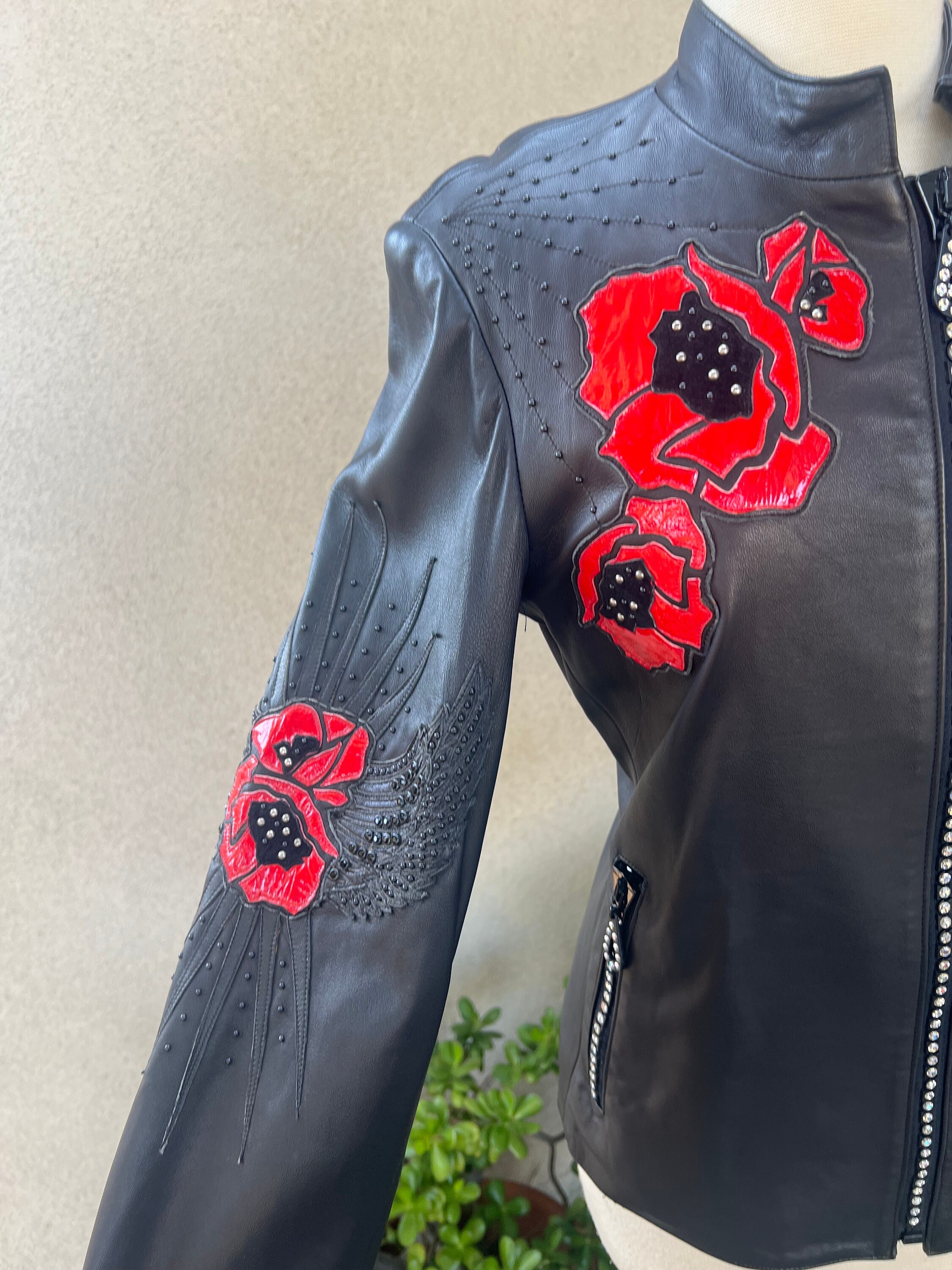 Vintage Kippys Avant-garde Black Leather Jacket Roses