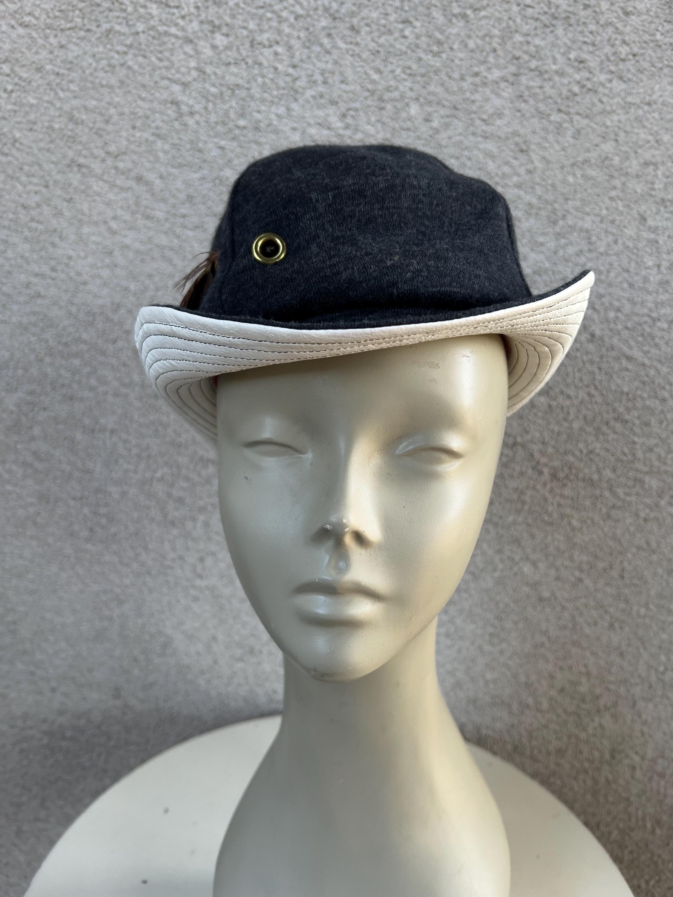 Vintage Brim Grey Cream Hat With Long Feather Cotton Styled  display picture 2